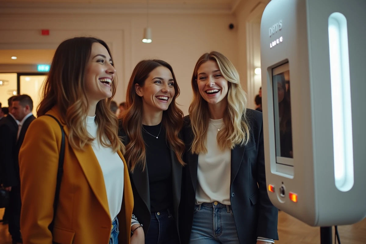 Groupe d'amis rient autour d'un photobooth moderne lors d'un événement