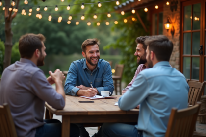 Groupe d'amis autour d'une table en terrasse en été