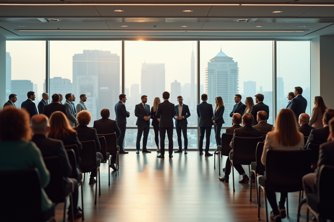 Groupe divers en réunion dans une salle moderne