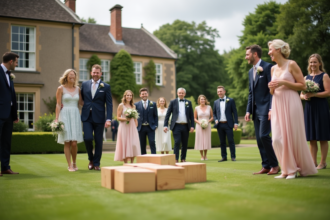 Invités de mariage jouant à un jeu en plein air dans un jardin