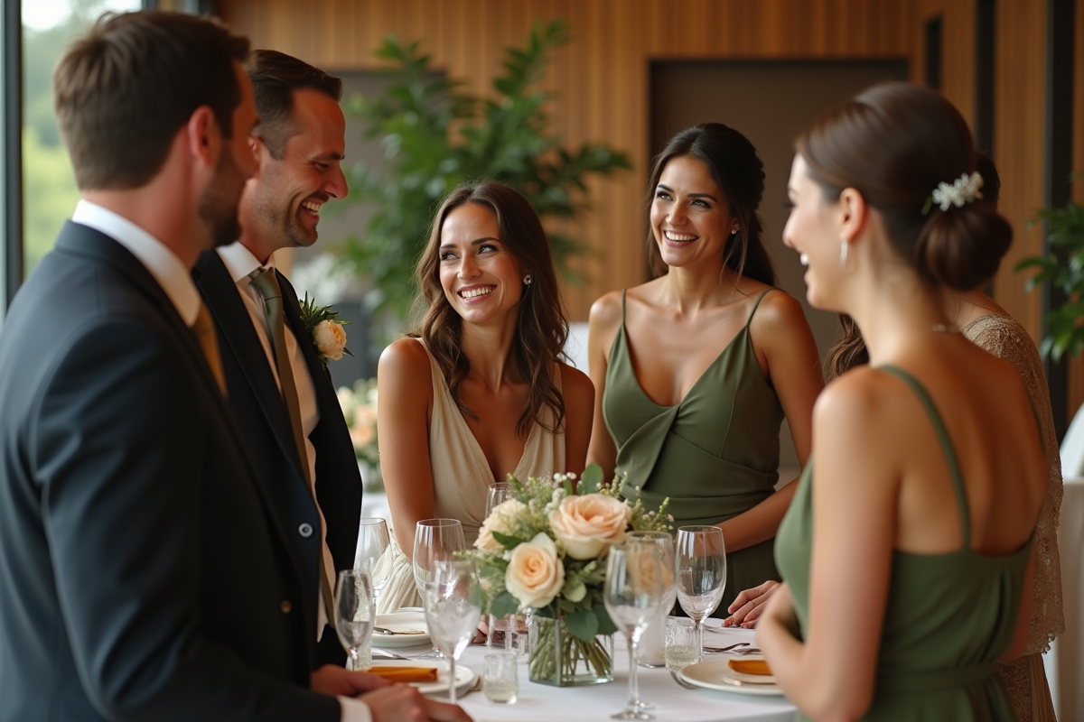 Groupe d invités en tenues élégantes lors d un mariage intérieur