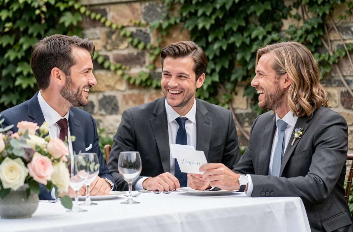 Groupe de témoins de mariage discutant lors de la réception en plein air autour d'une table