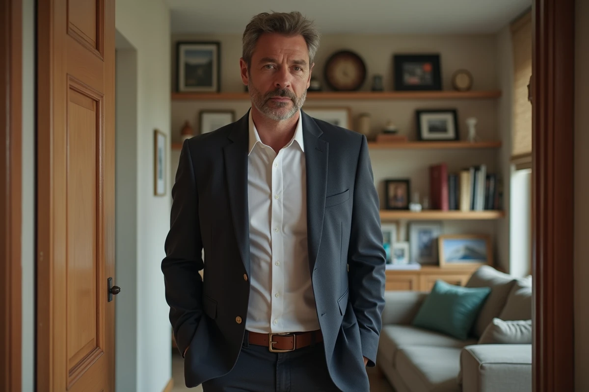 Homme en blazer dans un appartement moderne et cosy