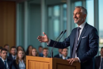 Homme en costume cravate parlant lors d'une conférence