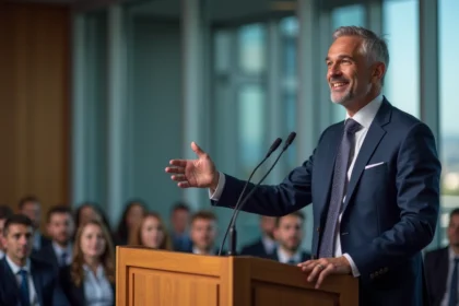 Homme en costume cravate parlant lors d'une conférence
