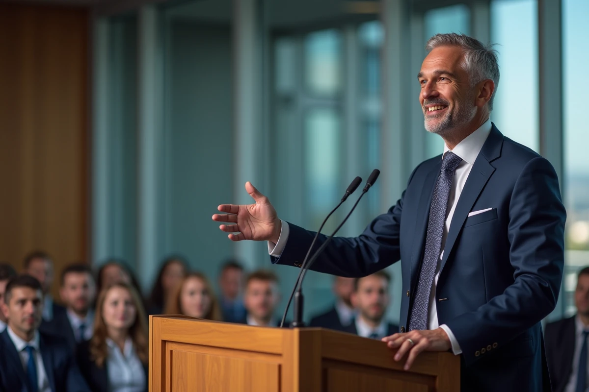 Homme en costume cravate parlant lors d'une conférence