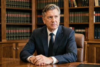 Portrait d'un homme distingué en costume sombre dans un bureau institutionnel, évoquant discrétion et vie privée d'un personnage public