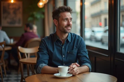 Homme marié pensif assis seul dans un café parisien, regard distrait et sourire discret évoquant une attirance émotionnelle