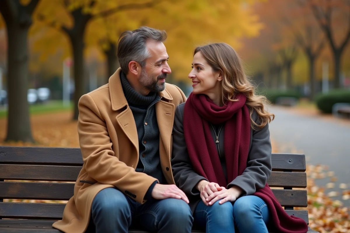 Homme marié assis près d'une femme sur un banc dans un parc en automne, posture attentive et regard chaleureux révélant un attachement émotionnel croissant