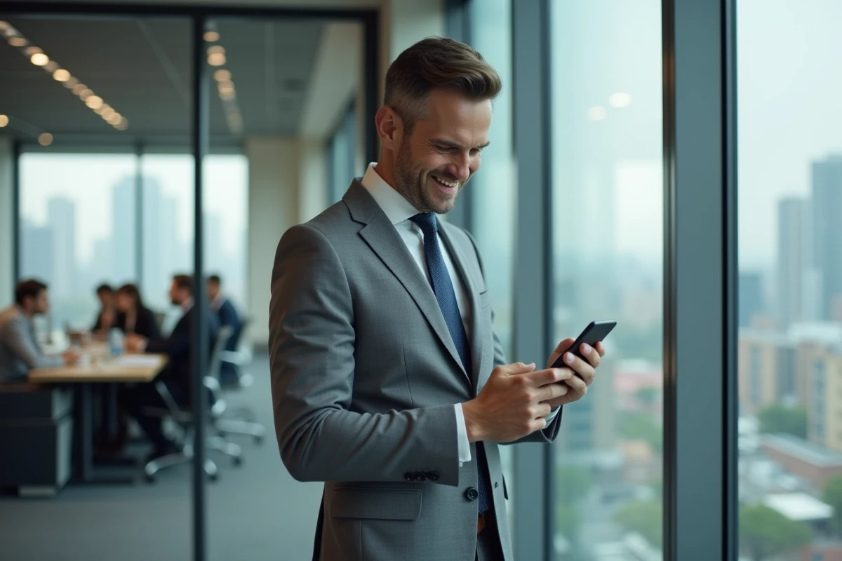 Homme marié en costume regardant son téléphone avec un sourire involontaire dans un bureau moderne, signe d'attachement émotionnel discret