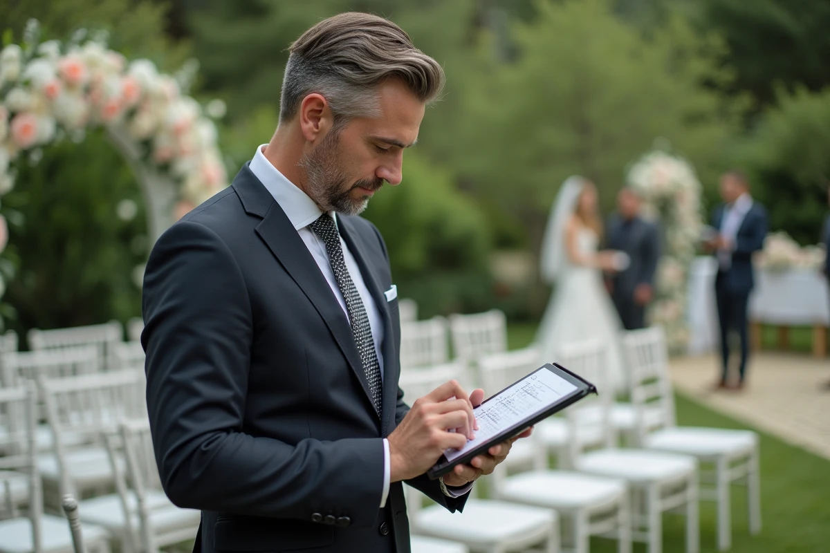 Organisateur de mariage homme vérifiant checklist sur tablette