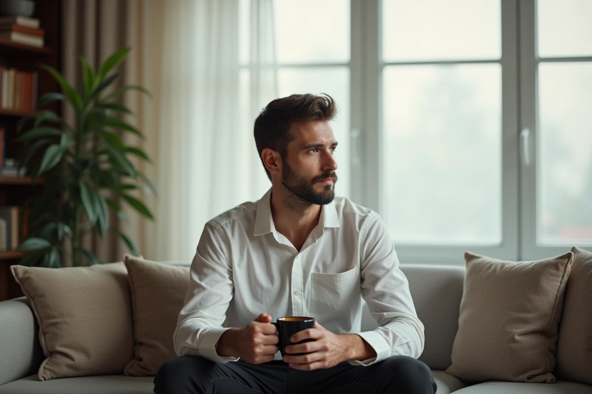 Homme seul et pensif dans son appartement, symbolisant la réflexion intérieure sur ses attentes sentimentales