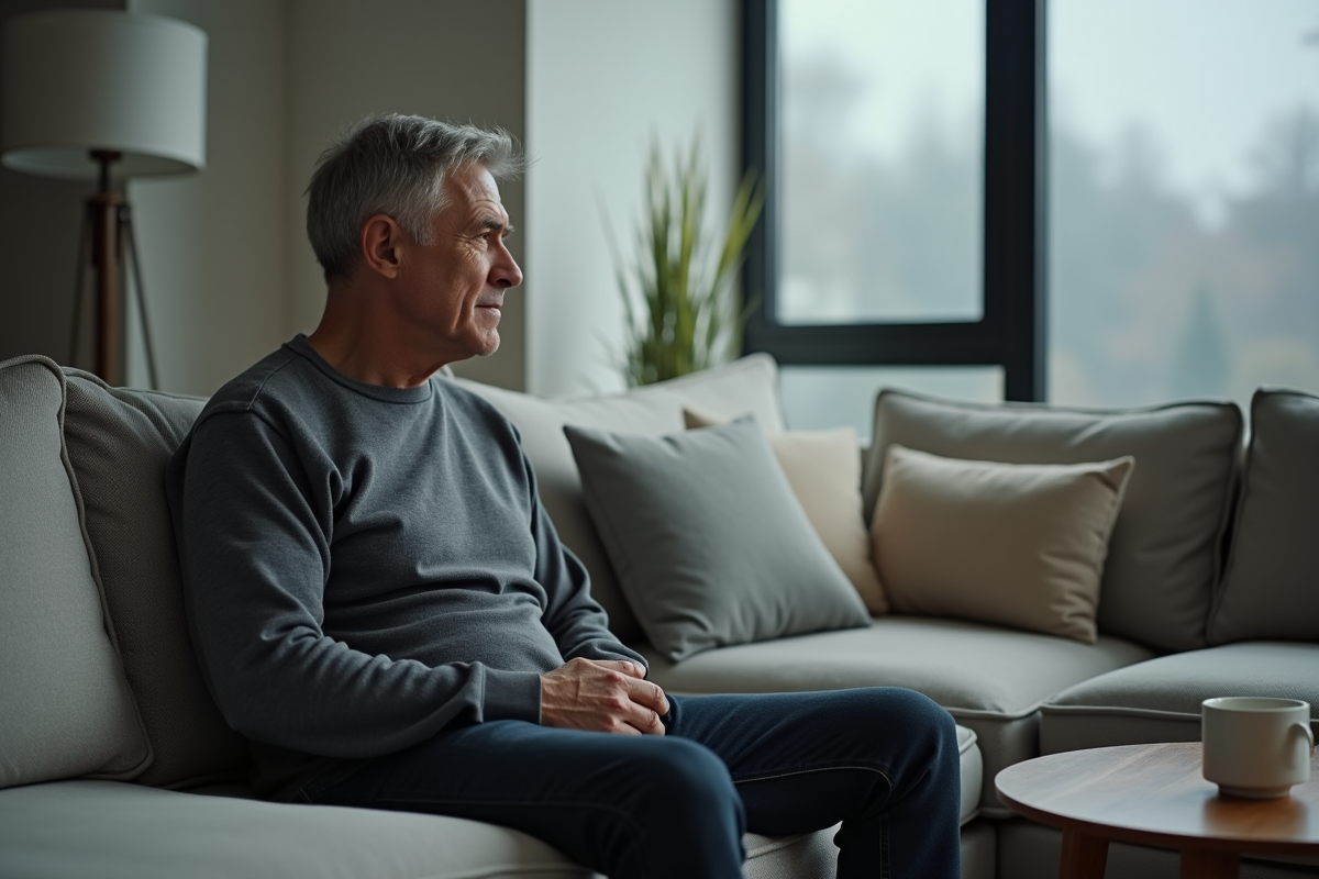 Homme assis sur le canapé avec un air pensif