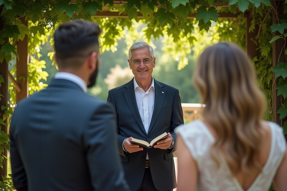 Homme en costume souriant sous un arbor lors d