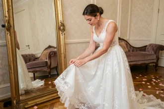Mariée inspectant l'ourlet de sa robe de mariée blanche dans un salon de mariage élégant