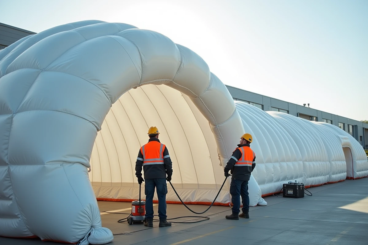 Techniciens en train de gonfler une tente de réception modulable avec une pompe électrique lors d'une installation