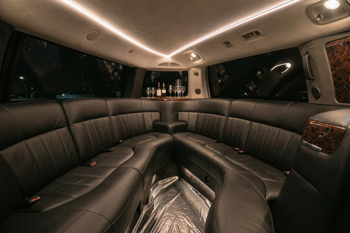 Intérieur luxueux d'une limousine avec sièges en cuir noir, bar et ambiance nocturne feutrée