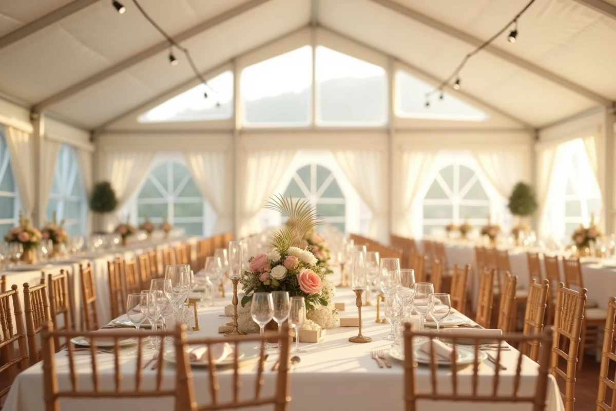 Intérieur d'une tente gonflable aménagée pour un mariage avec tables décorées et chaises en bois