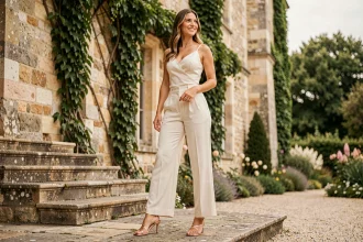 Femme en pantalon large ivoire et sandales dorées à talons pour un mariage en extérieur devant un château