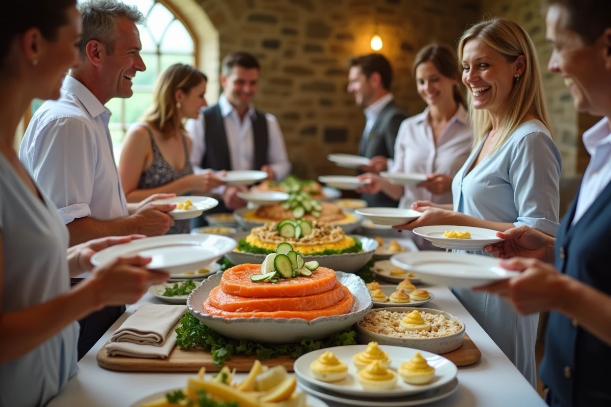 Invités de mariage se servant au buffet froid dans une ferme en pierre avec saumon poché et petites quiches