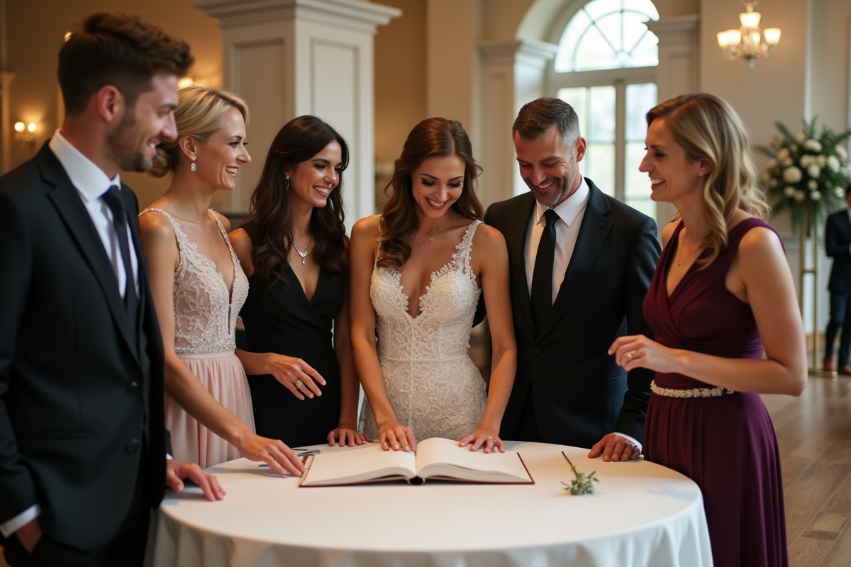 Invités de mariage signant le livre d