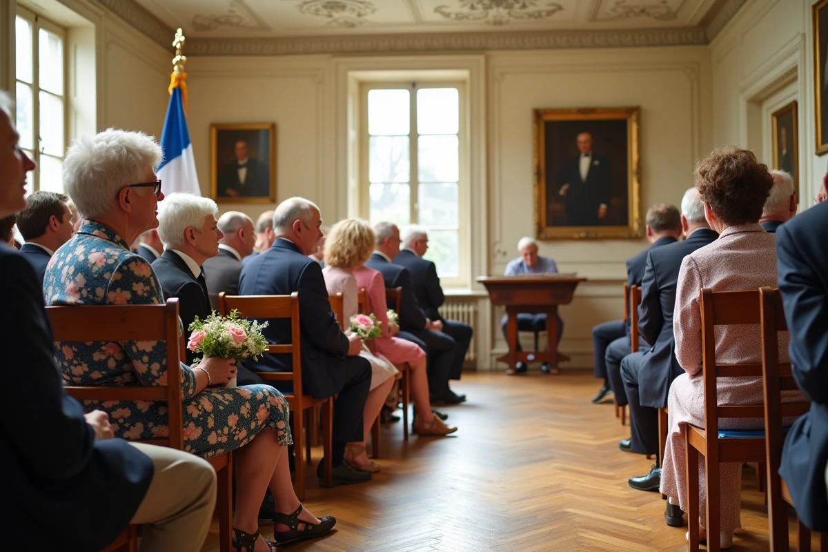 Invités assis dans la salle des mariages d'une mairie française pendant la cérémonie civile