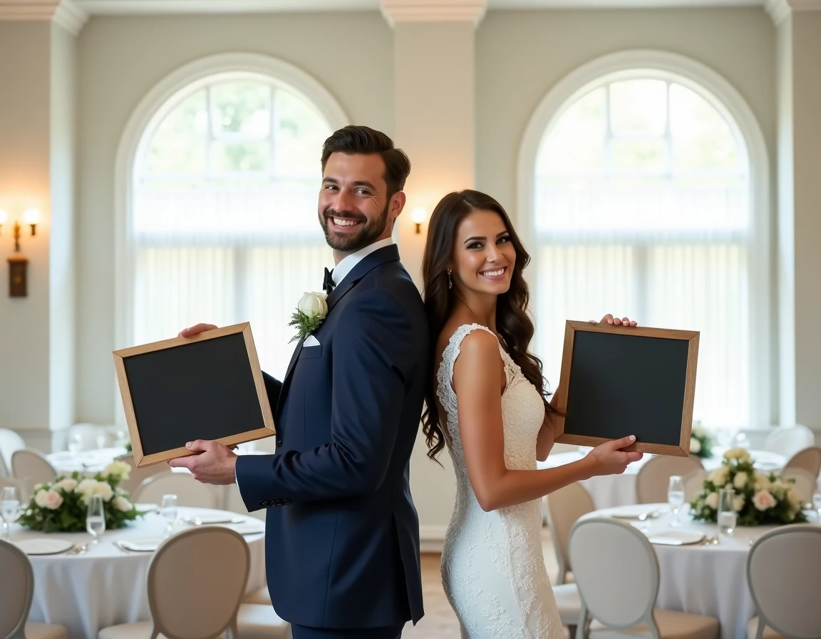 Mariés tenant des ardoises pour un jeu de connivence élégant lors de leur cérémonie de mariage en salle