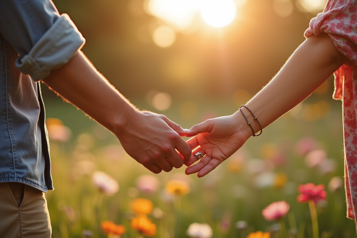 Jeune couple heureux échangeant des bagues dans un jardin ensoleille