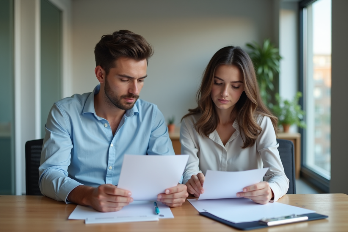 Jeune couple en mairie examinant des documents officiels