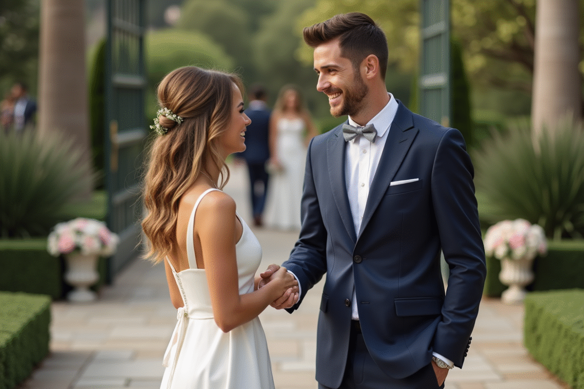 Jeune couple de mariés accueillant les invités à l'entrée