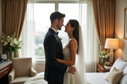 Couple marié souriant dans une chambre élégante