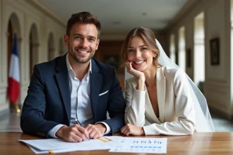 Jeune couple en mairie examinant documents de mariage