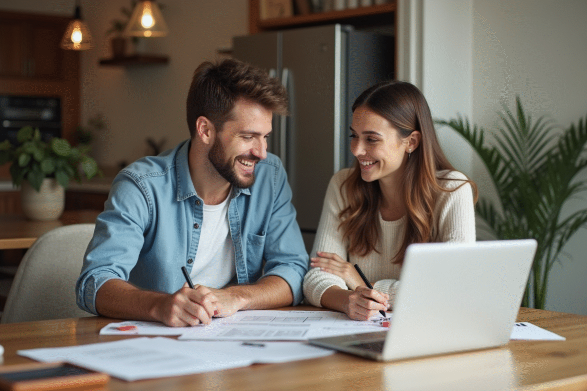 Jeune couple planifiant leur mariage à la maison