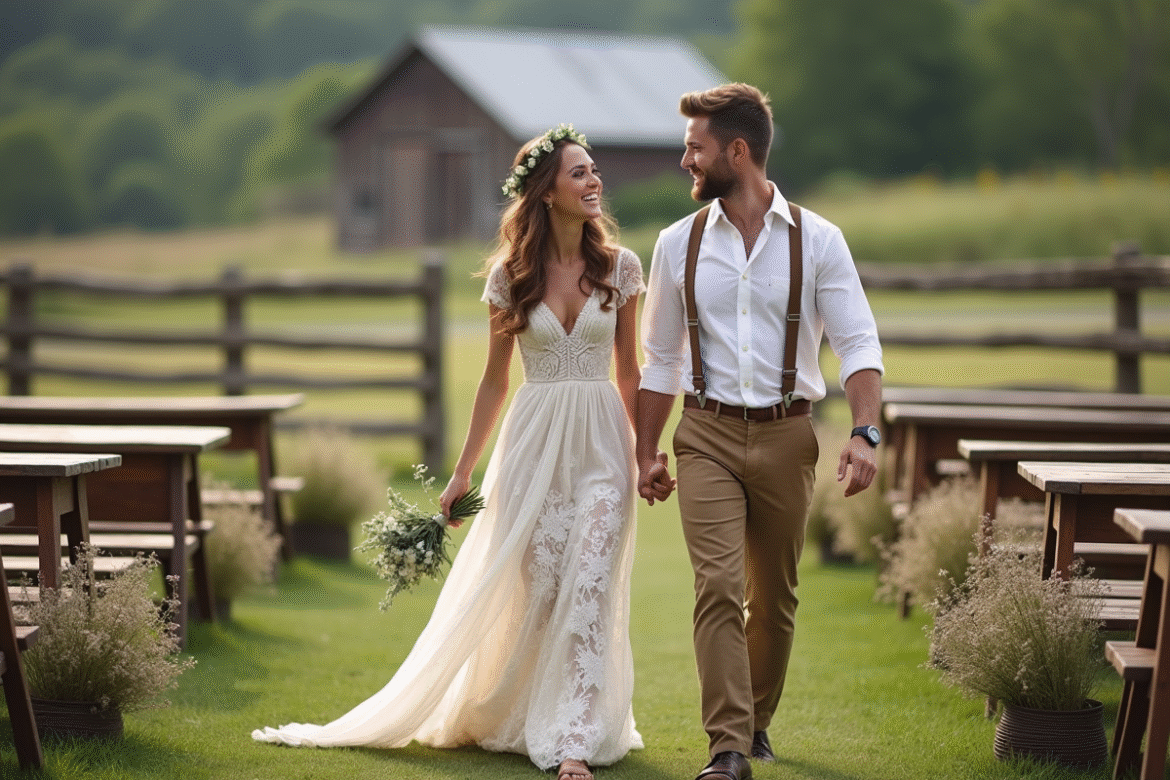 Jeune couple heureux lors d'un mariage champêtre en extérieur