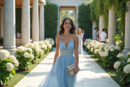 Jeune femme en robe pastel bleu dans un jardin de mariage