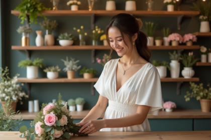 Jeune femme souriante choisissant un bouquet de mariage dans une boutique