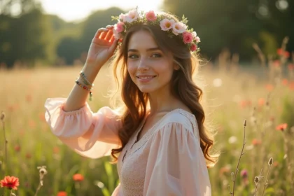 Jeune femme en robe bohème dans un champ de fleurs