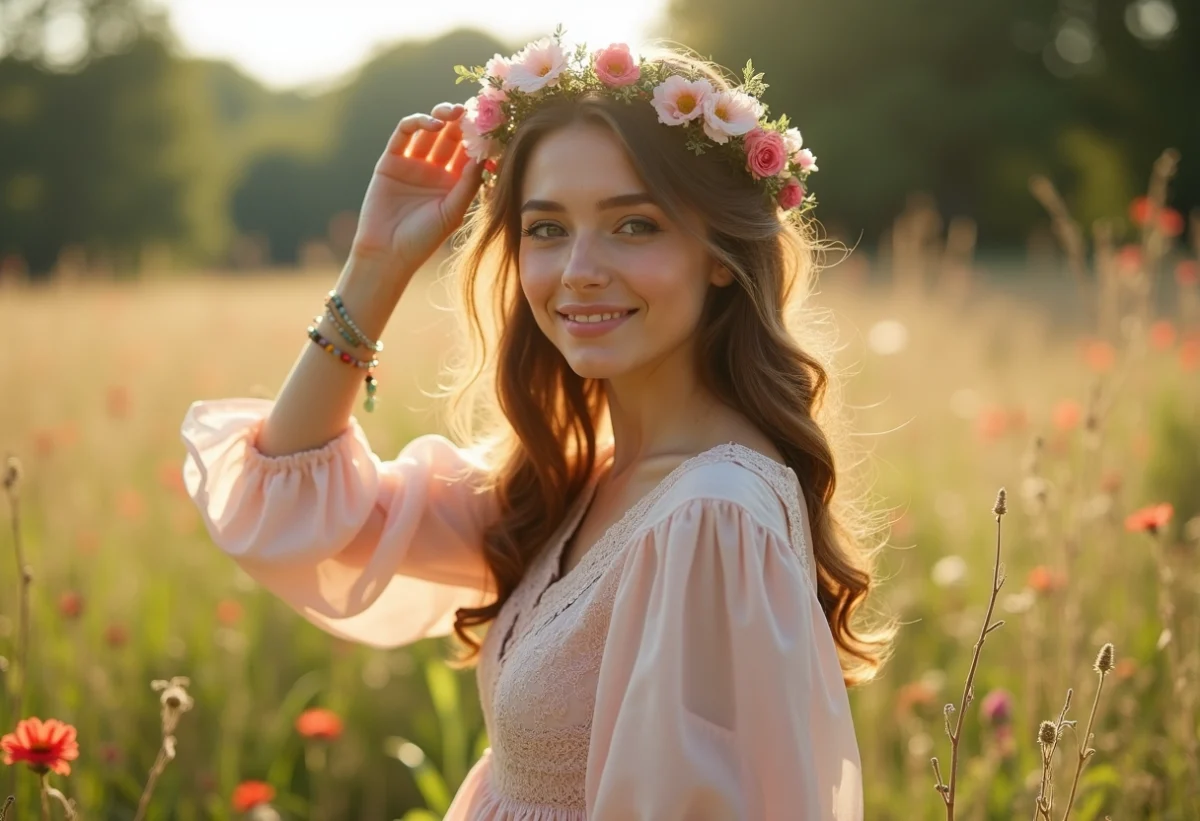 Jeune femme en robe bohème dans un champ de fleurs