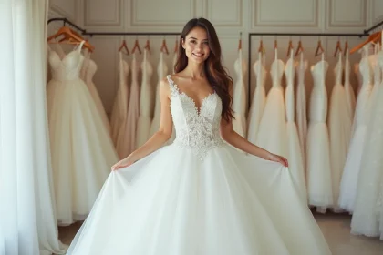 Jeune femme en robe de mariée élégante dans une boutique