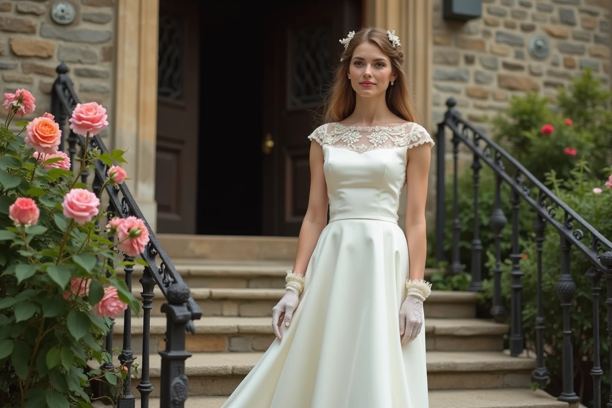 Jeune mariée en robe des années 1960 devant église