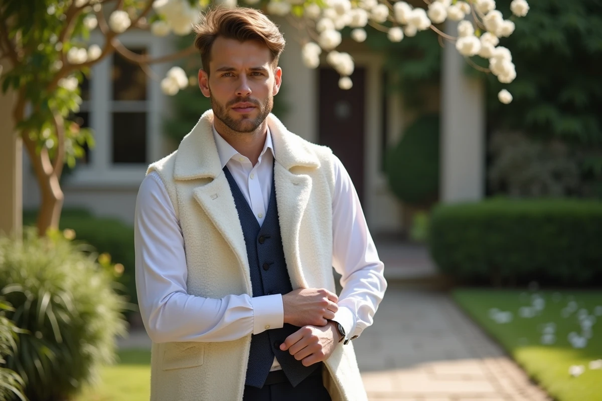 Jeune homme en gilet blanc dans un jardin ensoleille