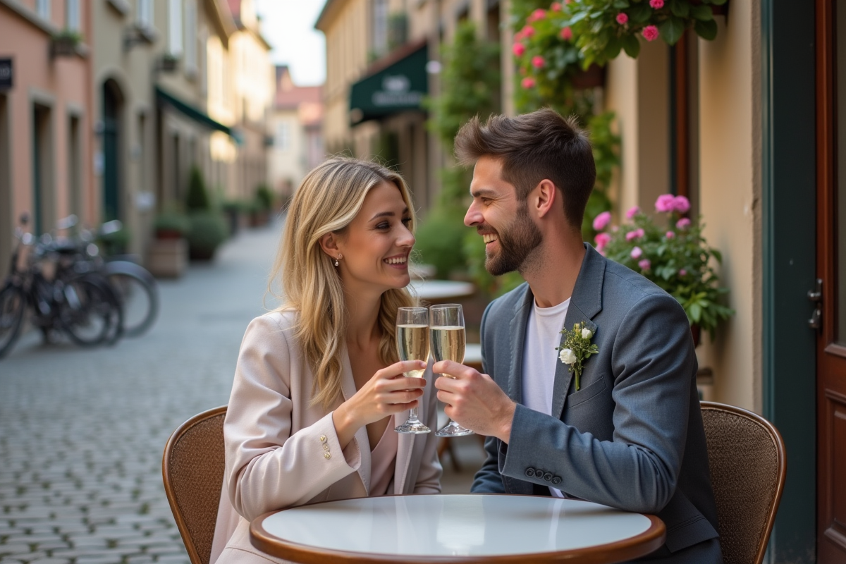 Jeune couple marié dégustant un café en ville en Europe
