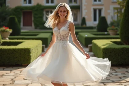 Jeune mariée en robe d'organza tournant sur une terrasse ancienne