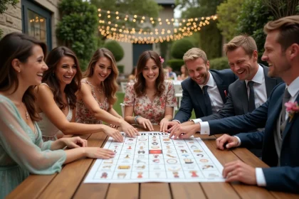 Groupe d'invités de mariage jouant au bingo thématique autour d'une table décorée lors d'une réception en plein air