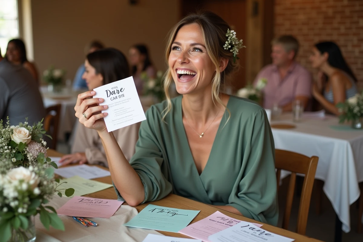 Invitée de mariage tenant une carte défi lors d'un jeu d'animation participatif à la réception