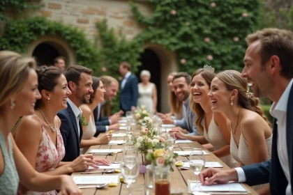 Groupe d'invités souriants jouant à des jeux de mariage élégants autour d'une table décorée en jardin fleuri