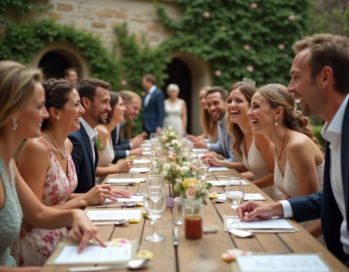 Groupe d'invités souriants jouant à des jeux de mariage élégants autour d'une table décorée en jardin fleuri