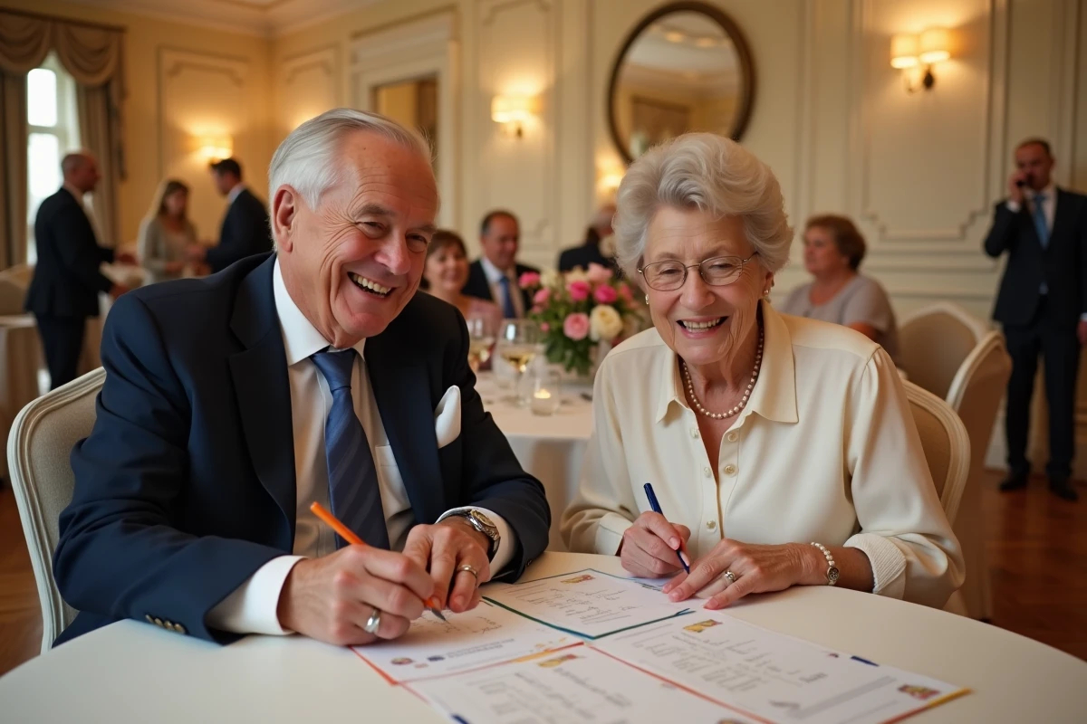 Couple âgé participant à un quiz mariage imprimé lors d'une réception en salle décorée de fleurs