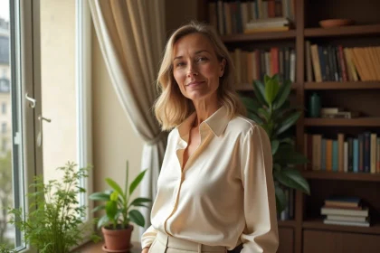 Femme élégante au style parisien près d'une fenêtre, illustrant l'article sur Julie Fuchs et les rumeurs de mariage