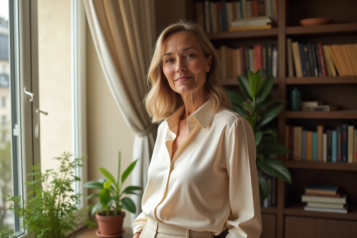 Femme élégante au style parisien près d'une fenêtre, illustrant l'article sur Julie Fuchs et les rumeurs de mariage